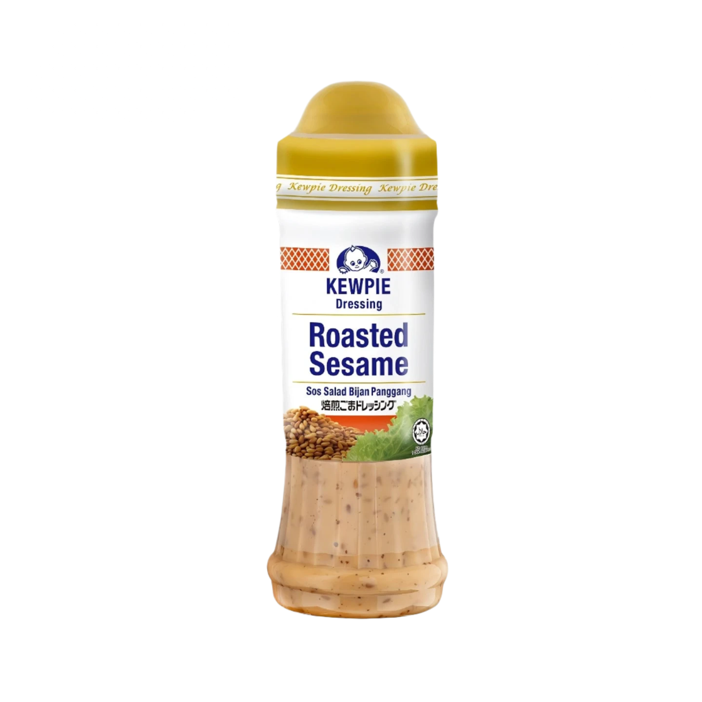 A bottle of KEWPIE Roasted Sesame Dressing Sauce with a yellow label, predominantly white background, and sesame seeds visible on the label.