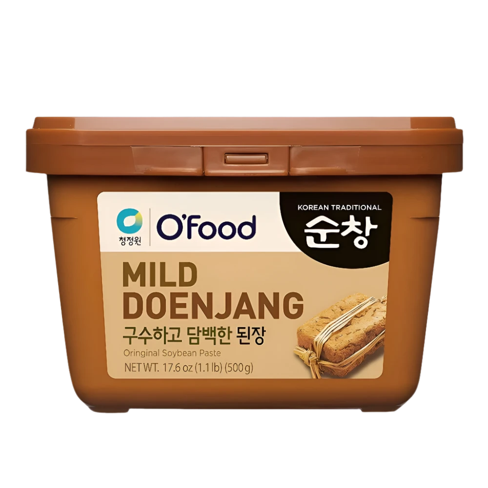 Packaging of Ofood CHUNGJUNGONE Soybean Paste, with branding and product name visible, against a patterned background.