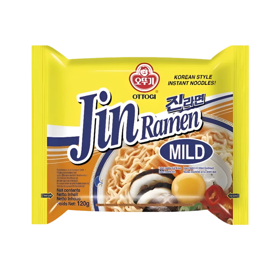 Packaging of Ottogi Jin Ramen (mild) Instant Noodle Soup featuring image of the noodles with beef, vegetables, and an egg yolk.