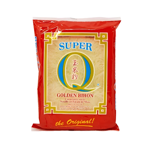 Packaging of Super Q Golden Bihon Noodles, showing the product name and the phrase 'the Original!' on a red background.