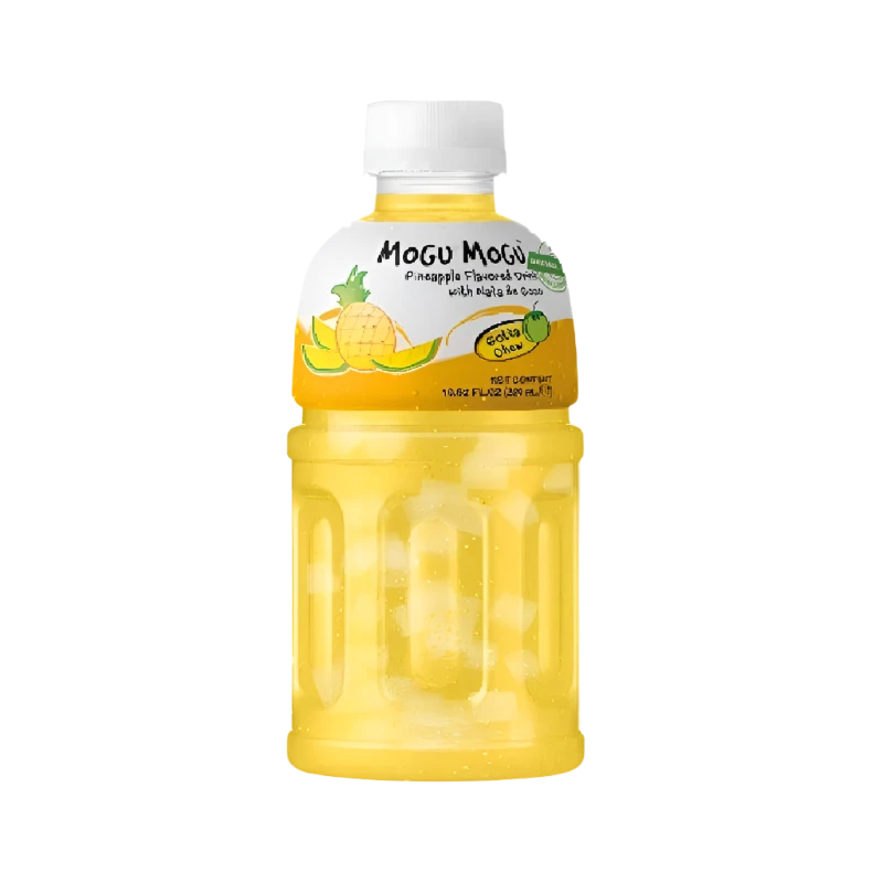 A bottle of Mogu Mogu Pineapple Flavored Juice Drink with Coconut Pieces.