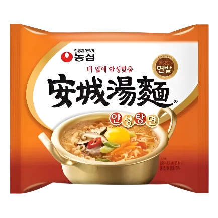 Packaging of Nongshim AnSungTangMyun Instant Noodle Soup featuring image of the prepared noodles with egg and vegetables.