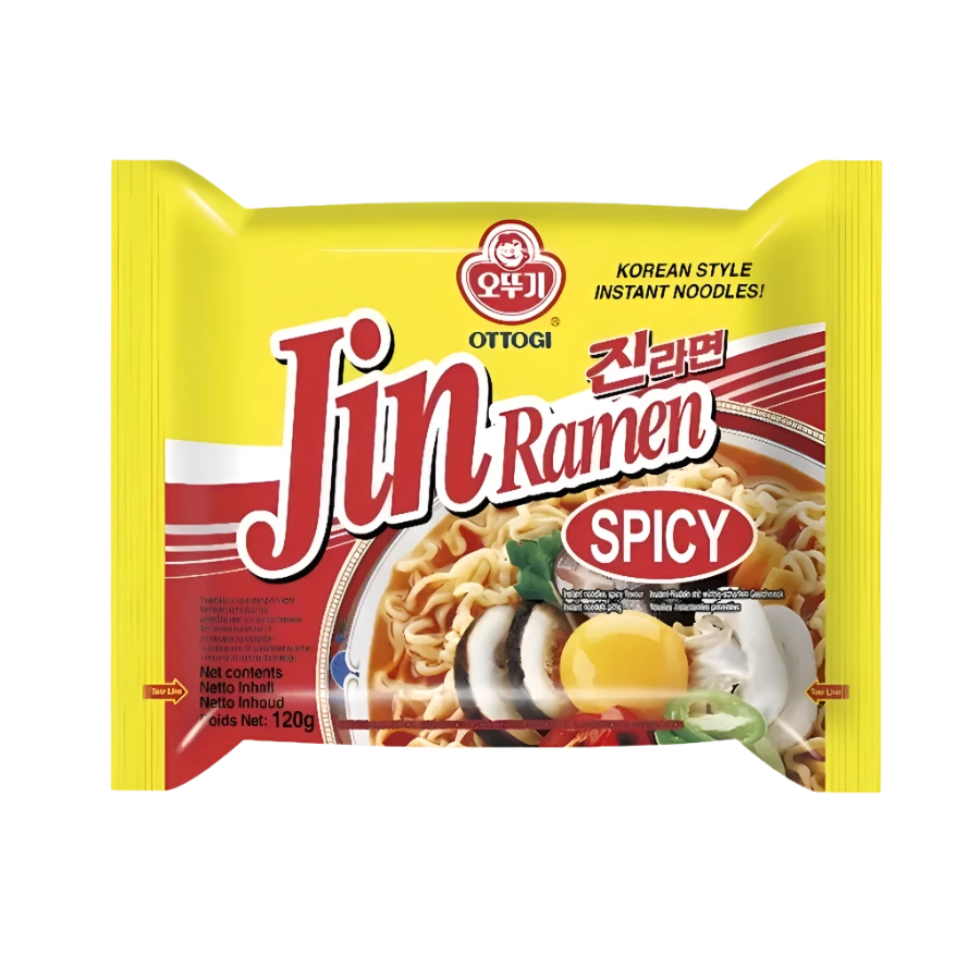 Packaging of Ottogi Jin Ramen Spicy instant noodle soup showing the product name, spicy level indicator, and an image of the noodles with vegetables and egg.
