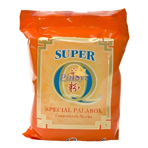 Packaging of Pancit Palabok Super Q which is orange and yellow with product name and branding visible.