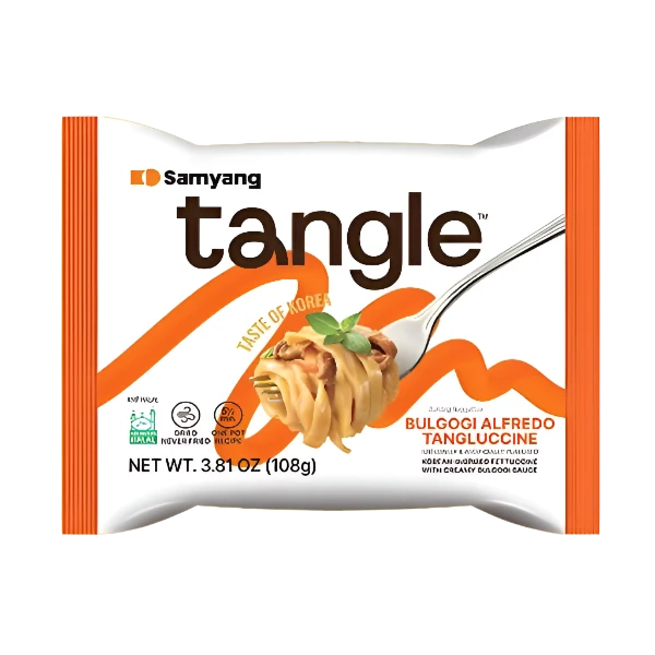 Packaging of SAMYANG Tangle Bulgogi Cream Pasta showing the product name and an image of the pasta with bulgogi toppings.