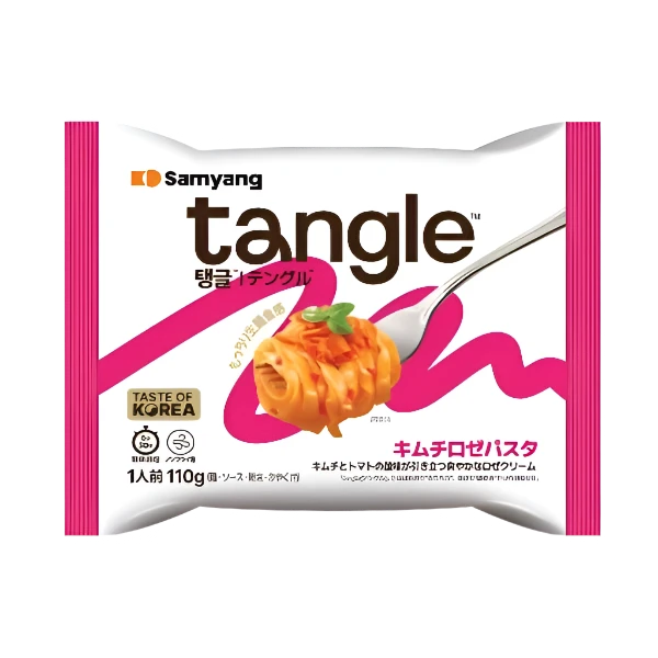 Packaging of SAMYANG Tangle Kimchi Rose Pasta showing the product name, an image of the pasta with sauce, and the weight of 110g.