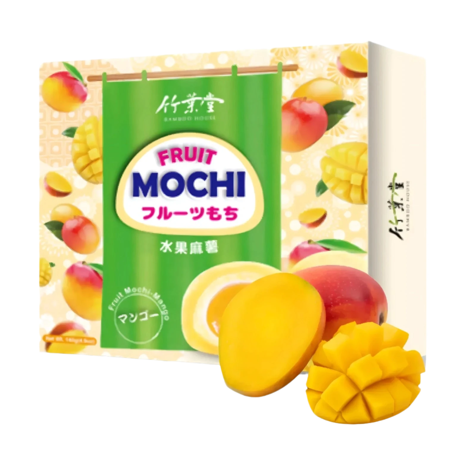Packaging of BAMBOO HOUSE Mango Fruit Mochi with an image of the mochi and a mango, indicating the flavor of the product.