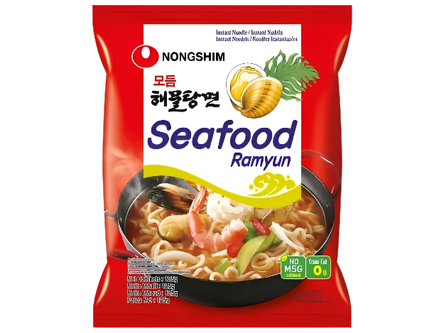 Packaging of Nongshim Seafood Ramyun Instant Noodle Soup featuring a picture of the noodles with seafood toppings.