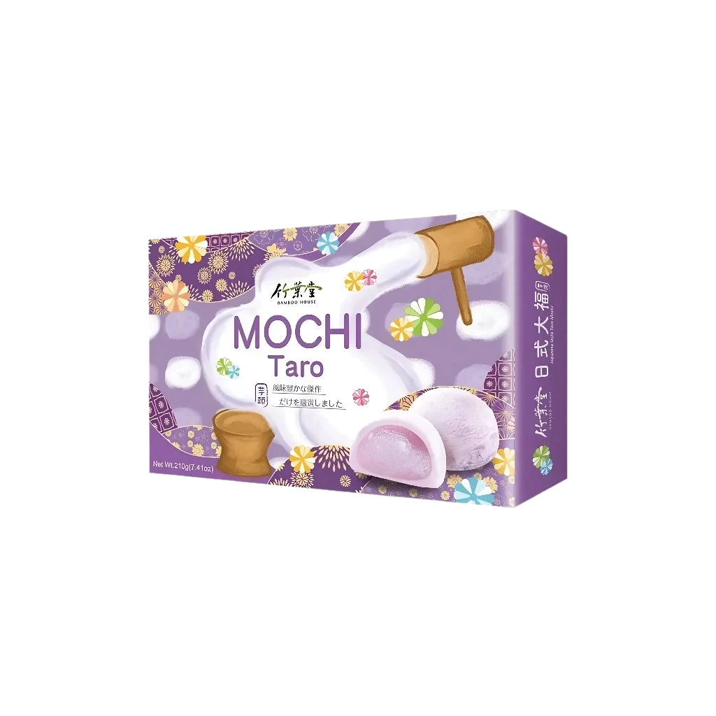 A box of BAMBOO HOUSE Taro Mochi featuring illustrations of the mochi dessert, with a purple and pink color scheme.