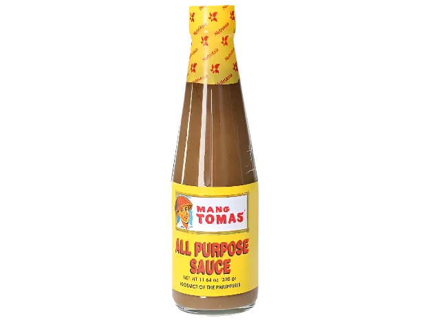 A bottle of Mang Tomas All Purpose Sauce with a yellow label and cap, on a white background.