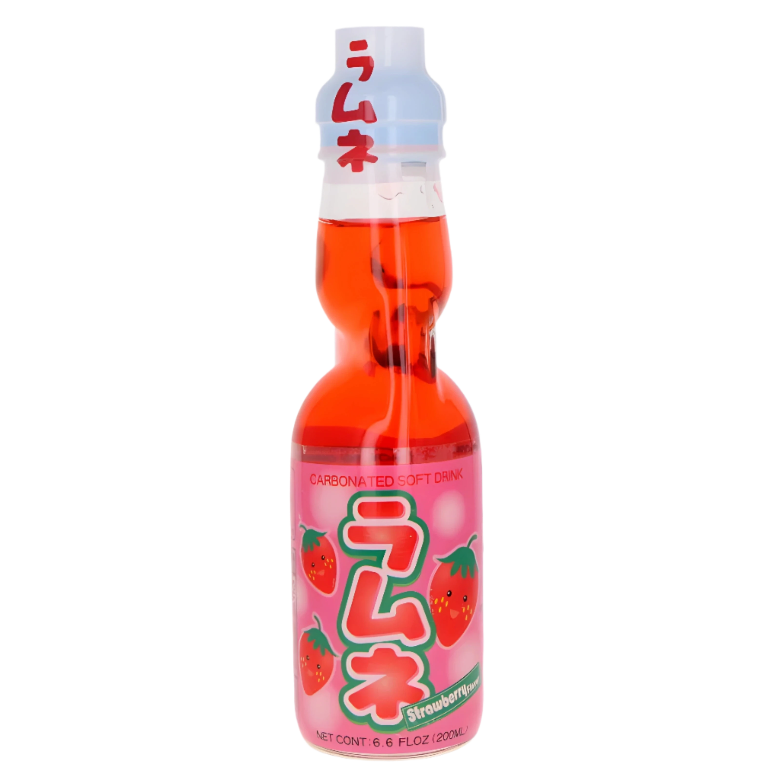 A bottle of Hatakosen Ramune Soda Strawberry with a pink label and a marble seal on top.