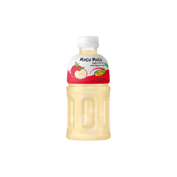 A bottle of Mogu Mogu Apple Flavored Juice Drink with Coconut Pieces.